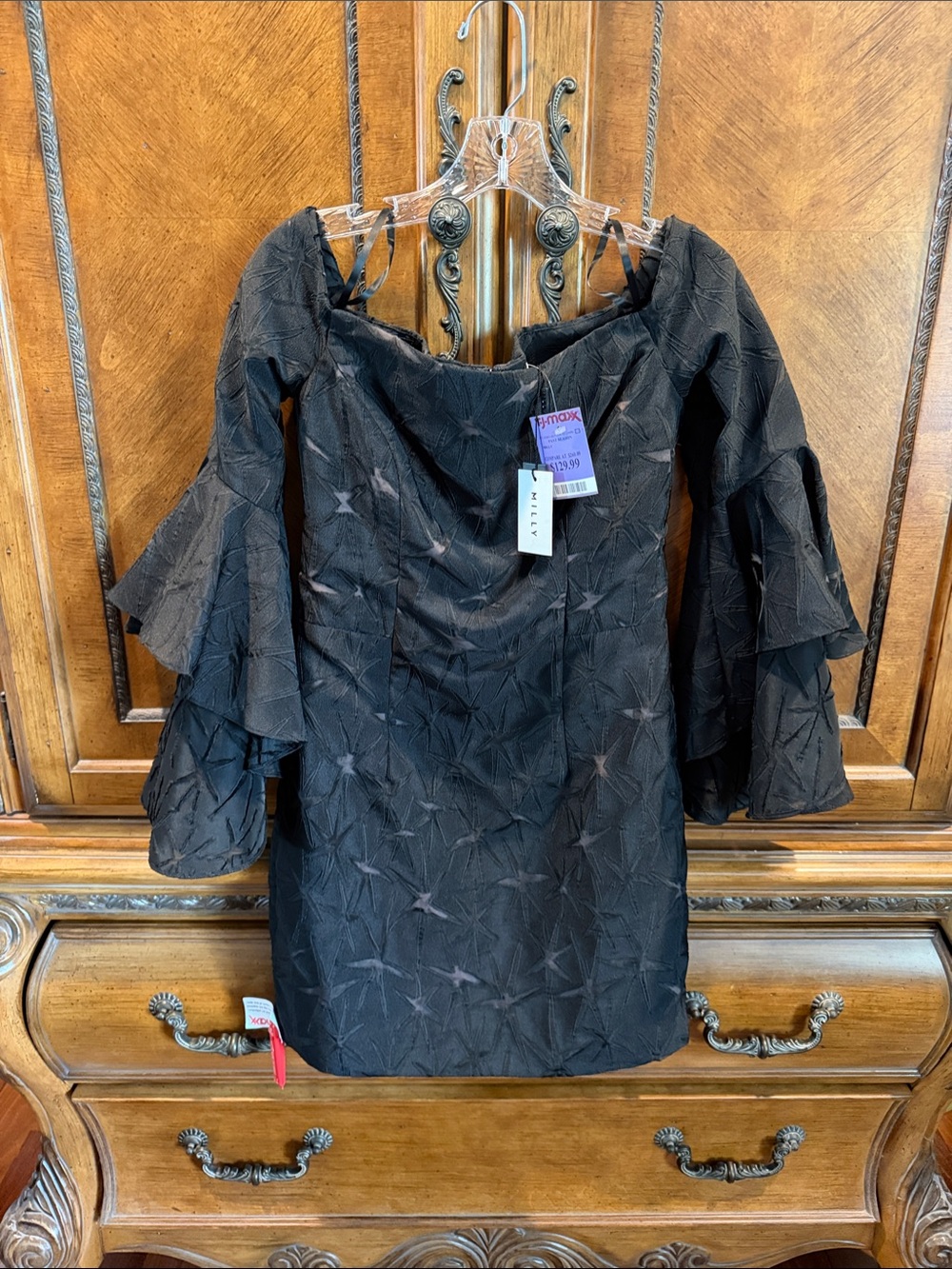 Milly Black Off-Shoulder Star Jacquard Mini Dress with Tiered Bell Sleeves